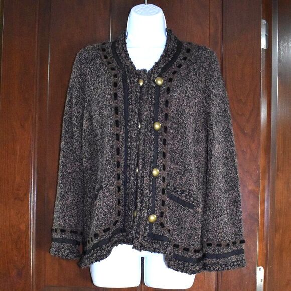 BCBGMaxAzria Wool Blend Tweed Jacket Women’s Size L Brown Gold Buttons - Picture 2 of 14